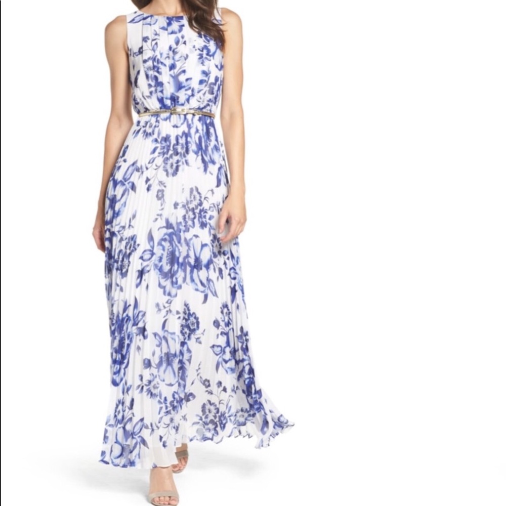 Eliza J Pleated Floral Chiffon Maxi Dress